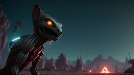 an animated creature with glowing eyes standing in front of a campfire
