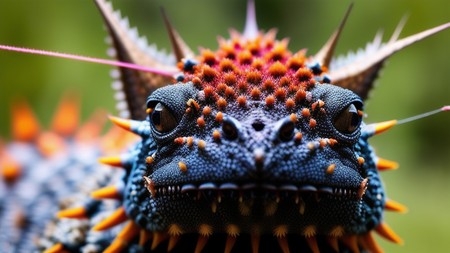 close up of a lizard's head with spikes on it's head