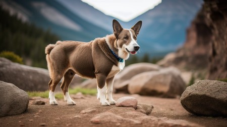 brown and white dog standing on top of a rocky field next to a mountain