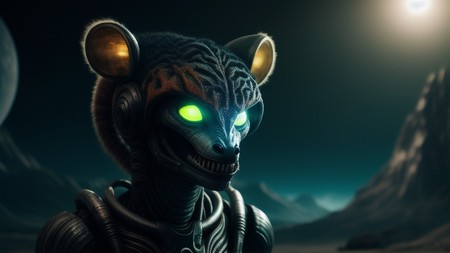 creepy creature with glowing eyes and glowing ears in a dark space