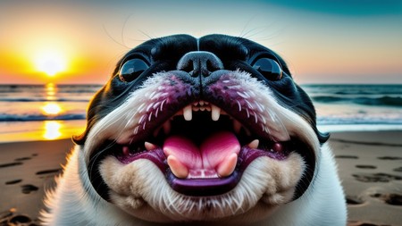 close up of a dog on a beach with the sun in the background