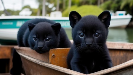 two black kittens sitting in a wooden boat on the water with a white boat in the background