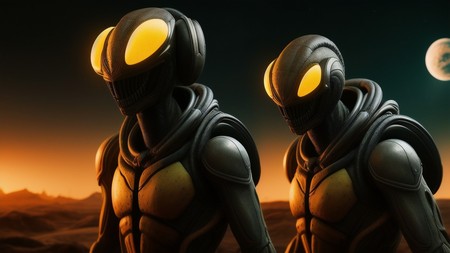 two alien men with glowing eyes standing in front of a full moon