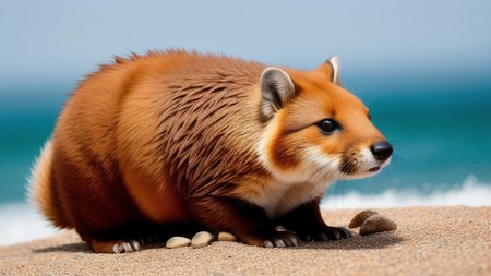 brown and white animal sitting on top of a sandy beach next to the ocean