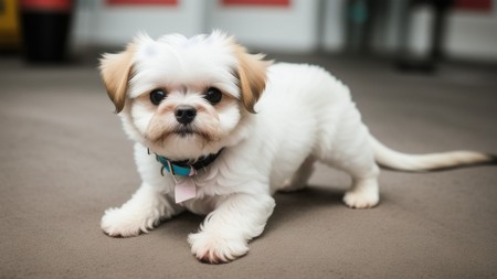 small white dog is sitting on the floor looking at the camera