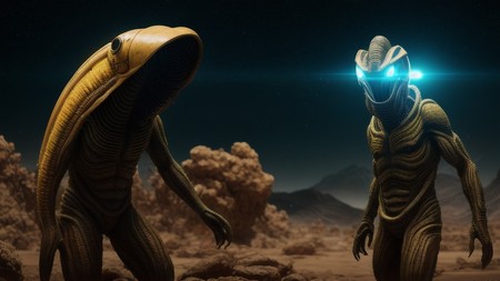 two alien men standing next to each other in the middle of a desert