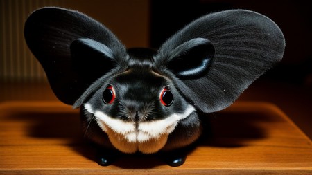 close up of a black and white animal with large ears and red eyes