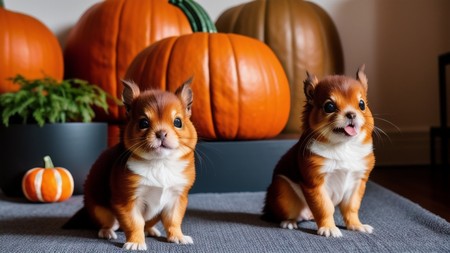 couple of small dogs sitting on top of a rug next to pumpkins