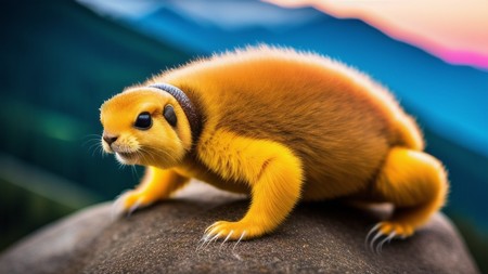 small yellow animal sitting on top of a rock in front of a mountain