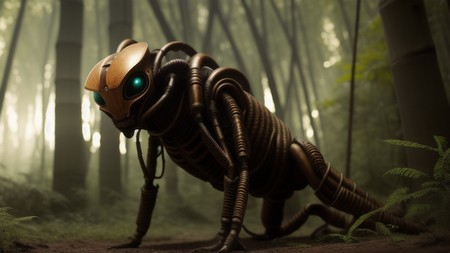 robot with glowing eyes standing in a forest with tall green trees