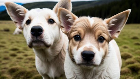 two brown and white dogs standing next to each other in a field