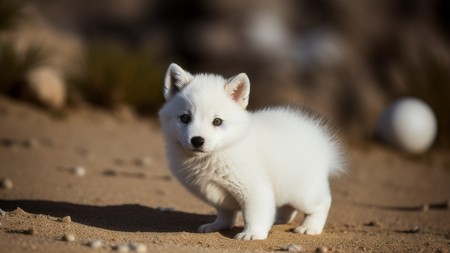 small white dog standing on top of a dirt field next to a white ball