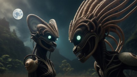 two alien creatures with glowing eyes standing in front of a full moon