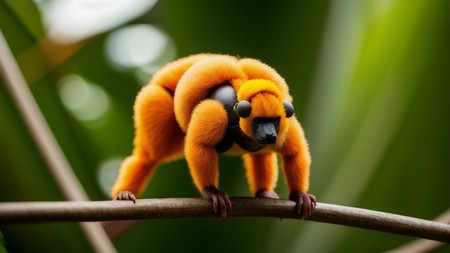 small orange monkey sitting on top of a tree branch with its legs spread