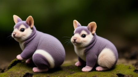 couple of small stuffed animals sitting on top of a moss covered ground