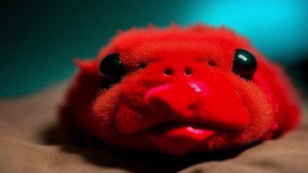 close up of a stuffed animal on a bed with a blurry background