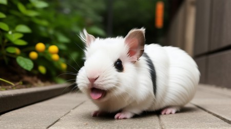 white and black hamster with its tongue hanging out sitting on the ground