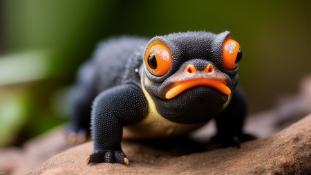 close up of a small animal with orange eyes on a rock
