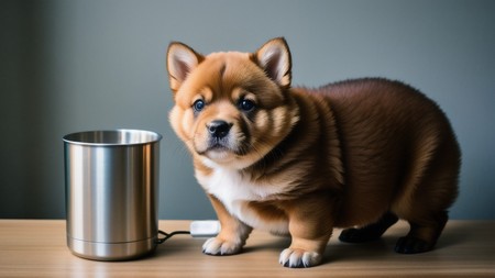 brown and white dog standing next to a metal cup on a table