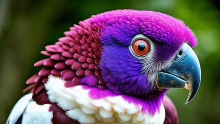 close up of a colorful bird with a red eye and purple feathers