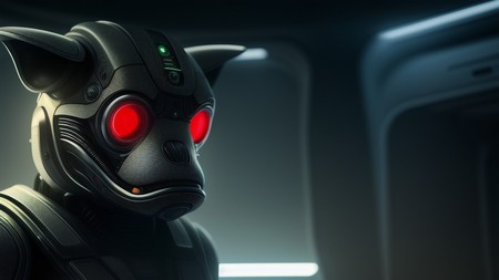 robot with glowing red eyes in a dark space station setting with a red light on its face