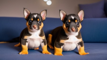 couple of small dogs sitting on top of a blue couch next to each other