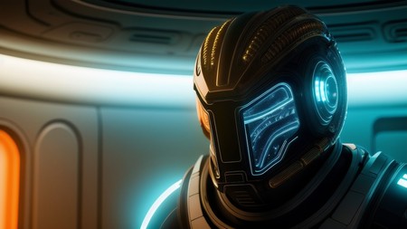 futuristic looking man with glowing eyes and a glowing helmet on his head