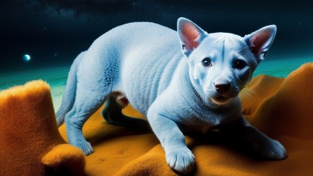 white cat sitting on top of a pile of orange sand next to a star filled sky