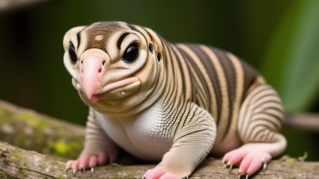 small animal sitting on top of a tree branch next to a leaf