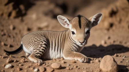 baby zebra laying on top of a dirt field next to a pile of rocks