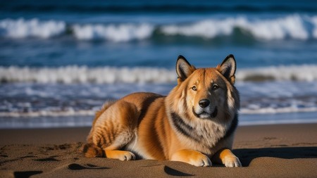 brown dog laying on top of a sandy beach next to the ocean