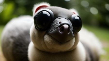 close up of a stuffed animal with big black glasses on it's face