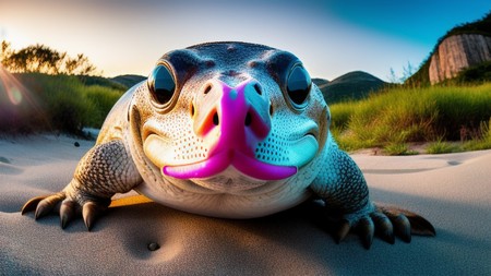 close up of a lizard on a beach with a pink nose