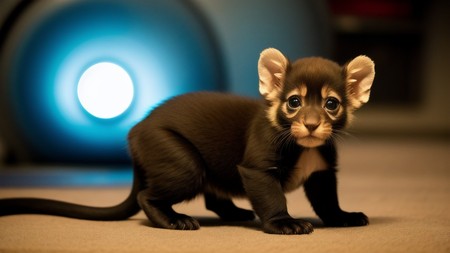 small black and brown animal standing on a floor next to a blue light