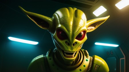 close up of a green alien with red eyes and a yellow head