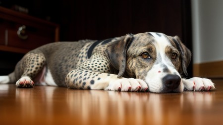 spotted dog laying on the floor with its paws on the floor