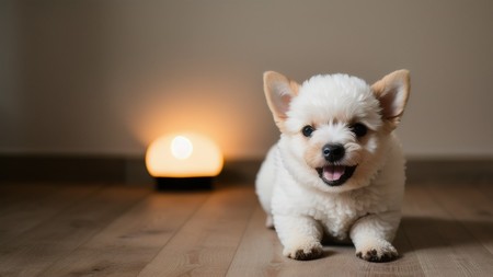 small white dog sitting on a wooden floor next to a candle