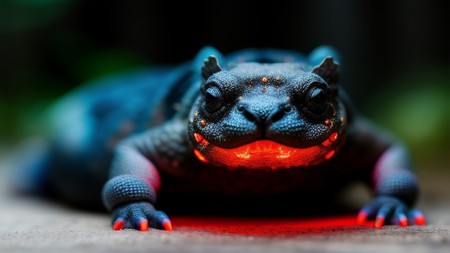 close up of a lizard with red lights on it's face