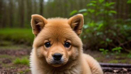 small brown dog sitting on top of a forest filled with trees