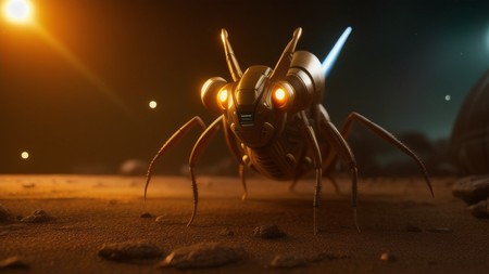 close up of a bug with glowing eyes on it's body