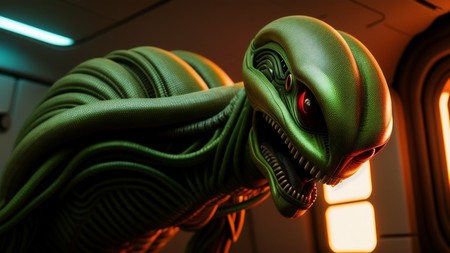 close up of an alien looking creature in a room with a window