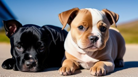 two black and brown dogs laying next to each other on the ground