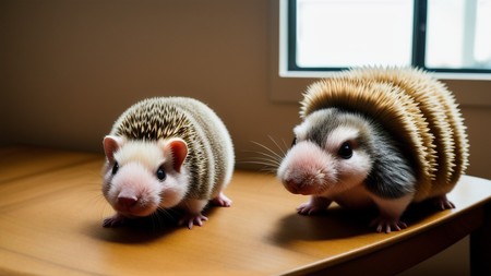 couple of hedgehogs sitting on top of a wooden table