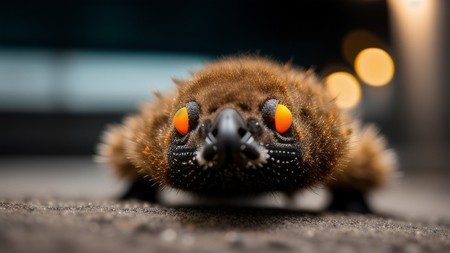 close up of a strange looking animal on the ground with bright orange eyes