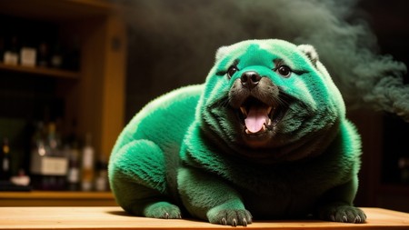 green stuffed animal sitting on top of a wooden table with smoke coming out of it's mouth