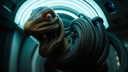 close up of a snake like creature with a light on it's head