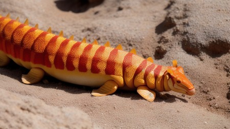 an orange and yellow lizard laying on top of a sandy beach next to a body of water