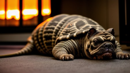 dog that is laying down on the floor in front of a fire place