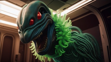 close up of a creature with a green head and red eyes