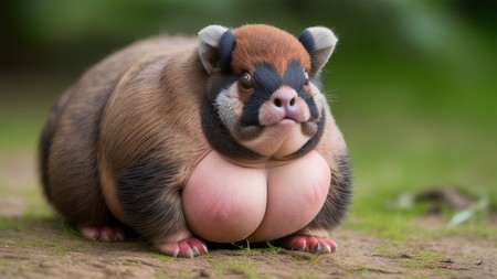 small animal with very large breast sitting on the ground in the grass